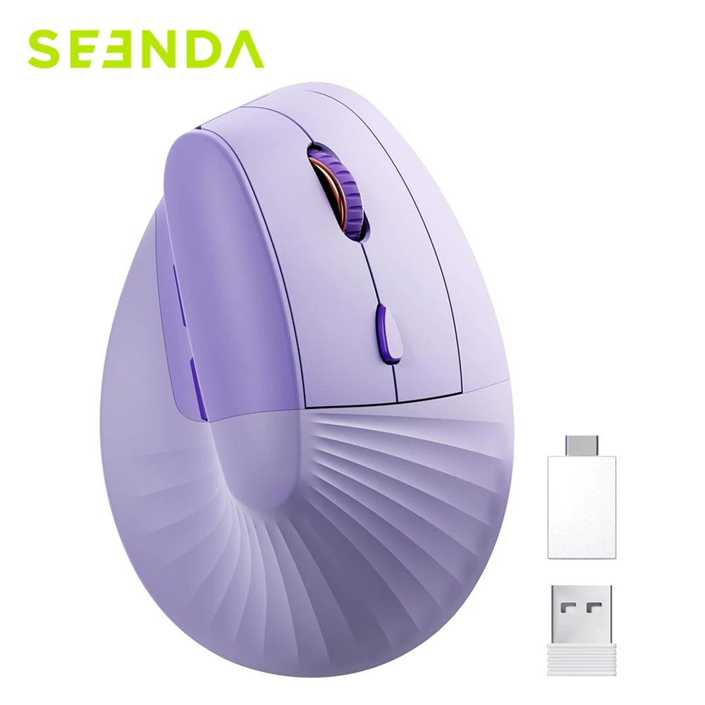 Seenda Wireless Vertical Mouse, Ergonomic, USB & Type C, 2-in-1 Receiver, for Laptop, MacBook, Windows, Android - Purple