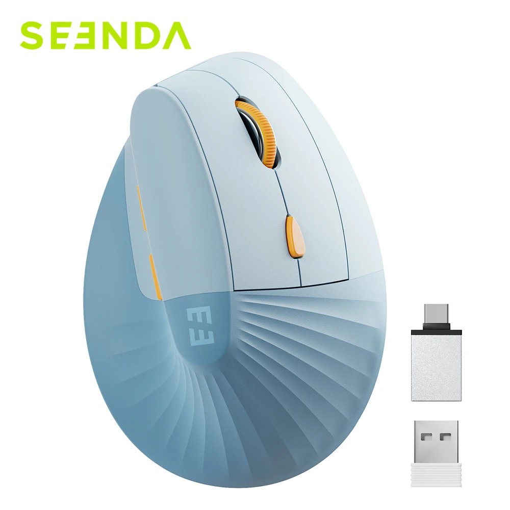 Seenda Wireless Vertical Mouse, Ergonomic, Rechargeable with USB and Type C, 2-in-1 Receiver, for Laptop, MacBook, Windows, Android - Blue