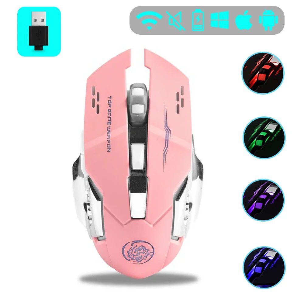 Qukam Wireless Gaming Mouse, 2000 DPI, Rechargeable, Bluetooth, Pink