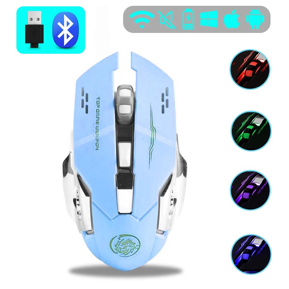 Wireless Gaming Mouse, Silent, Rechargeable with Bluetooth and USB, Mechanical, RGB Backlighting