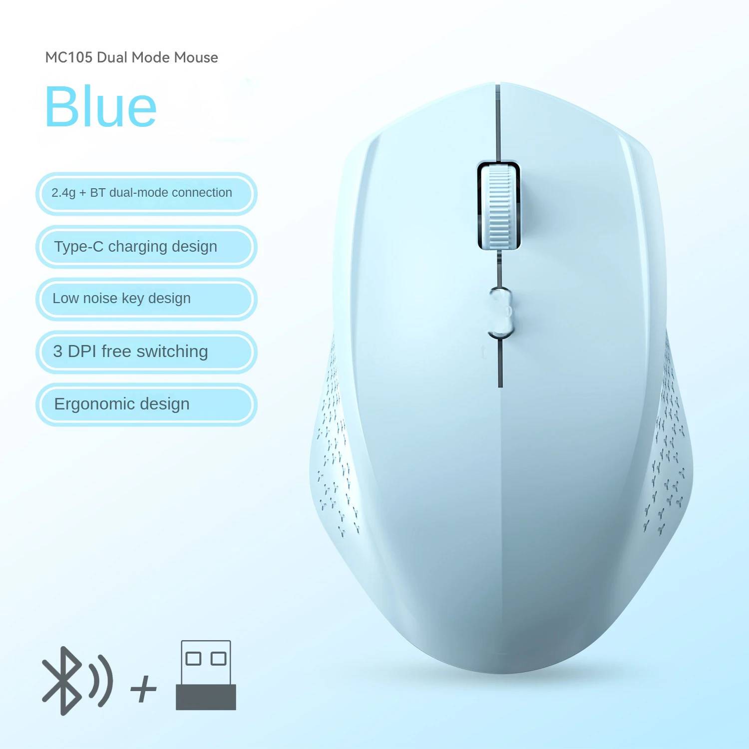 Bluetooth 5.2 Wireless Mouse, 2.4GHz, Dual Mode, Silent, Rechargeable for Gaming, 1600DPI, Laptop Compatible, Windows/Mac OS BT 2.4G Blue