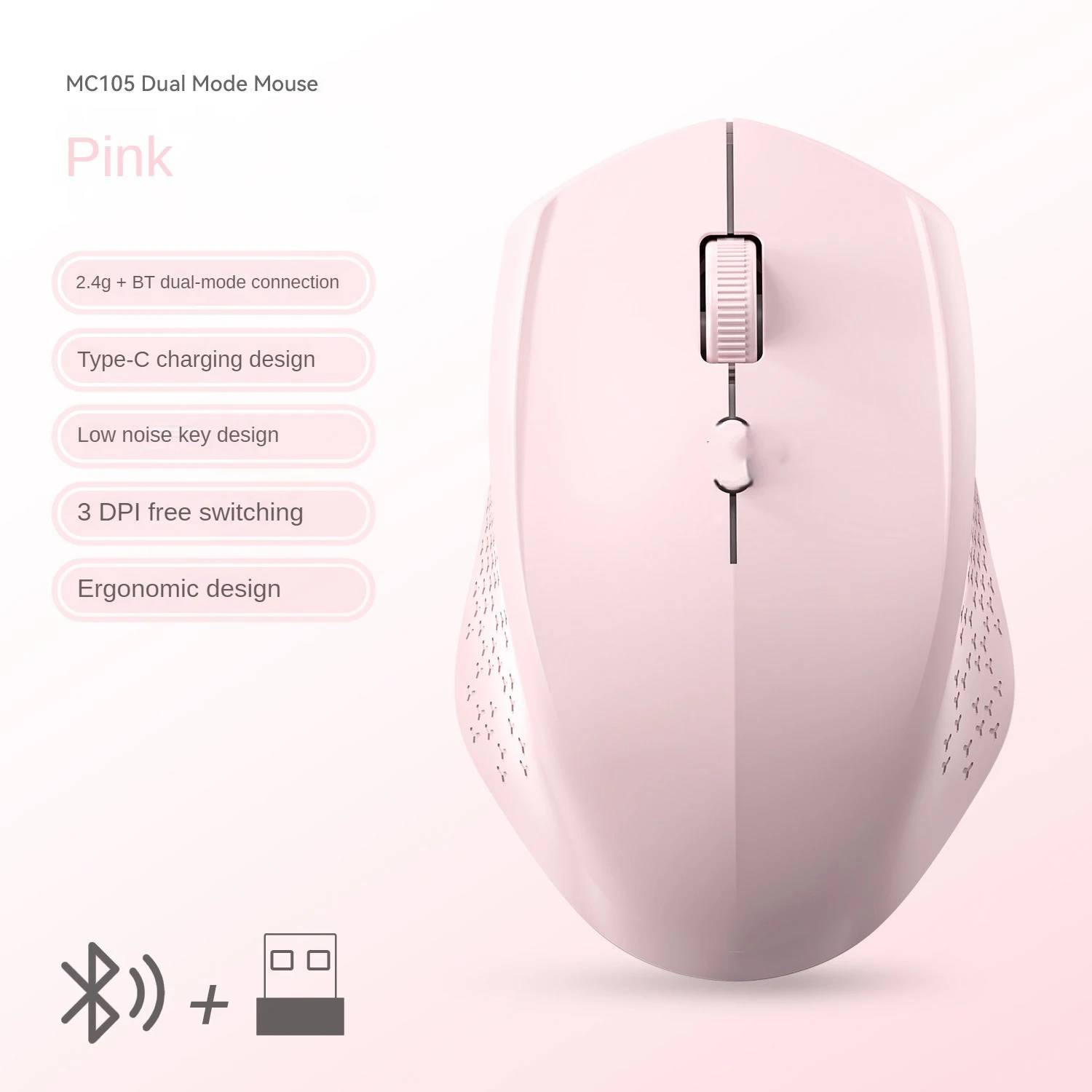 Wireless Bluetooth Mouse 5.2, 2.4GHz, Dual Mode, Silent, Rechargeable for Gaming, 1600DPI, Laptop Compatible, Windows Mac OS BT 2.4G Pink
