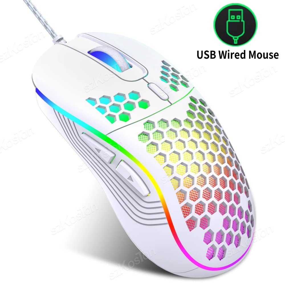 Ergonomic Wired Gaming Mouse, 7200 DPI, RGB Lighting, Adjustable Levels, for Desktop PC - SZKOSTON White
