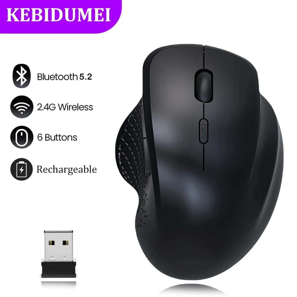 Wireless Bluetooth 5.2 Gaming Mouse, 2.4GHz, 6 Keys, Double Mode, Rechargeable, Optical 1600DPI for PC, Laptop, Tablet