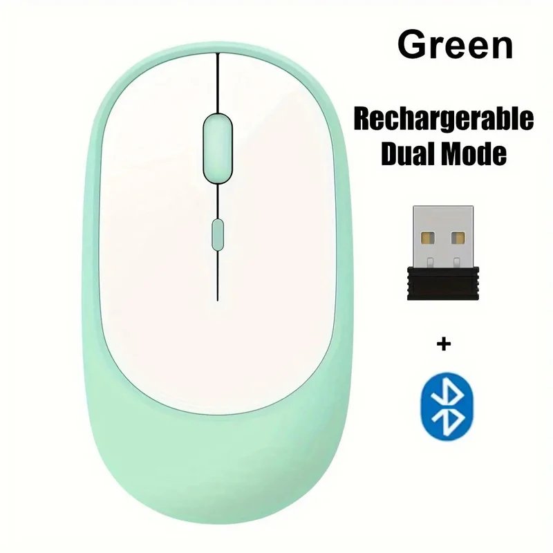 Rechargeable Wireless Mouse, Double Modes, Bluetooth, 2.4GHz USB, for Laptop, MacBook, Tablet, PC - Green