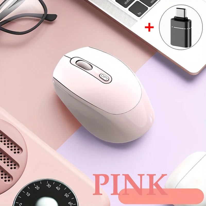Ergonomic Wireless Computer Mouse, Bluetooth Compatible, Optical with USB Receiver, 2.4GHz, for Laptop - Pink with OTG
