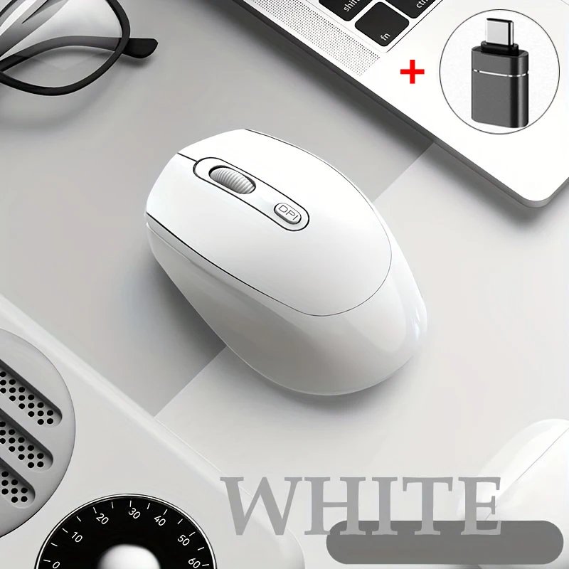Ergonomic Wireless Computer Mouse, Bluetooth Compatible, Optical with USB Receiver, 2.4GHz, for Laptop - White with OTG