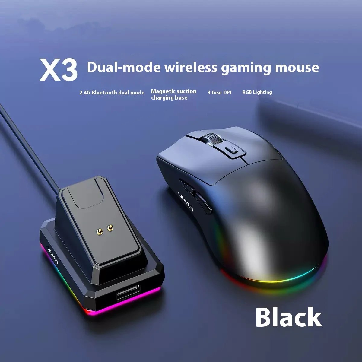 iMice Wireless Bluetooth Mouse 2.4G, Dual Mode, Rechargeable with Charging Station, LED Backlight, High Efficiency, for Laptop, Mac - Black