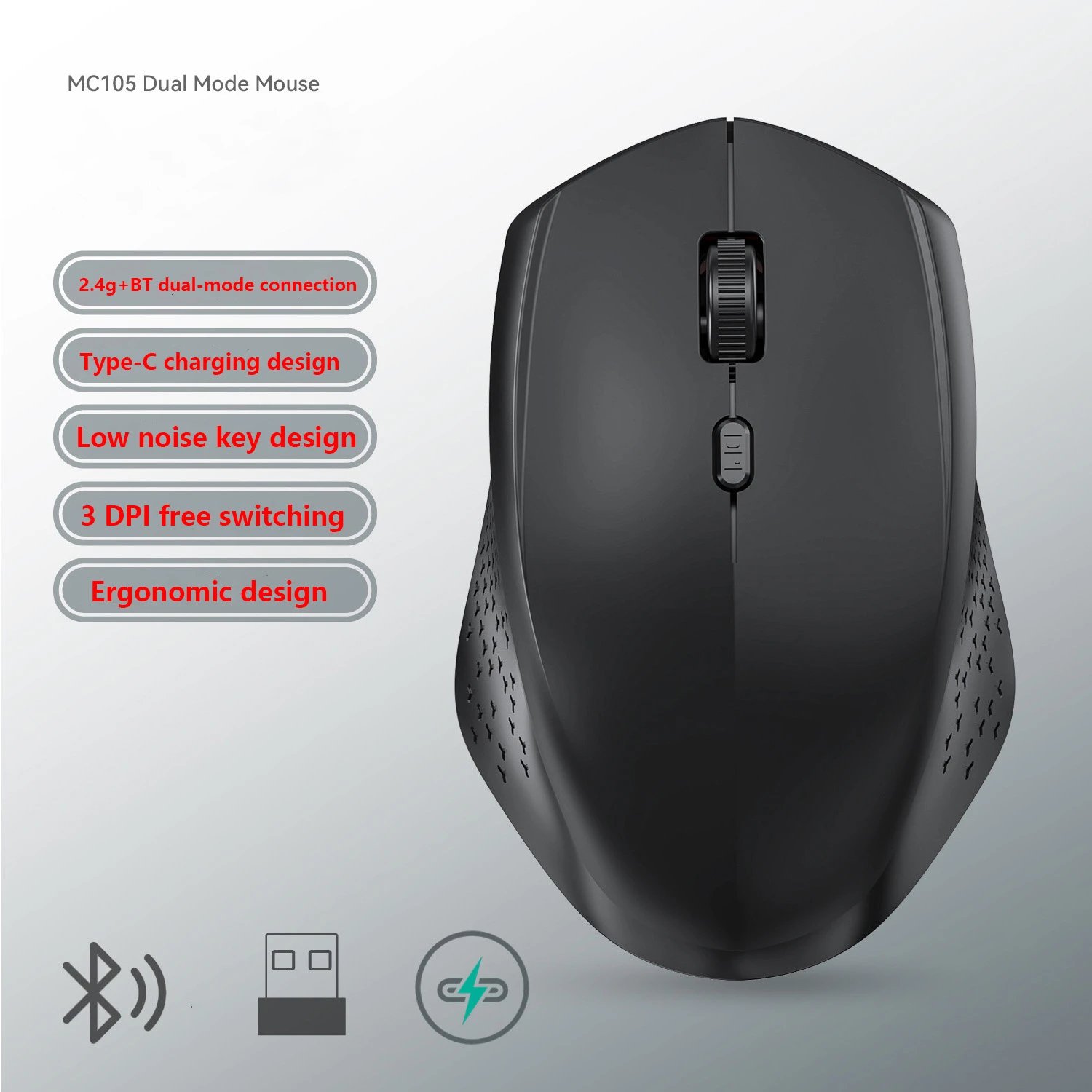 Wireless Gaming Mouse with Double Mode Type-C, 1600 DPI, Ergonomic and Silent for iPad, Macbook, Desktop Computer - Black