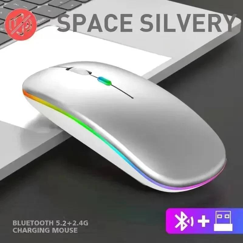 Silent LED-backlit Wireless Mouse with Bluetooth Receiver, 2.4GHz, 1600 DPI, Silver