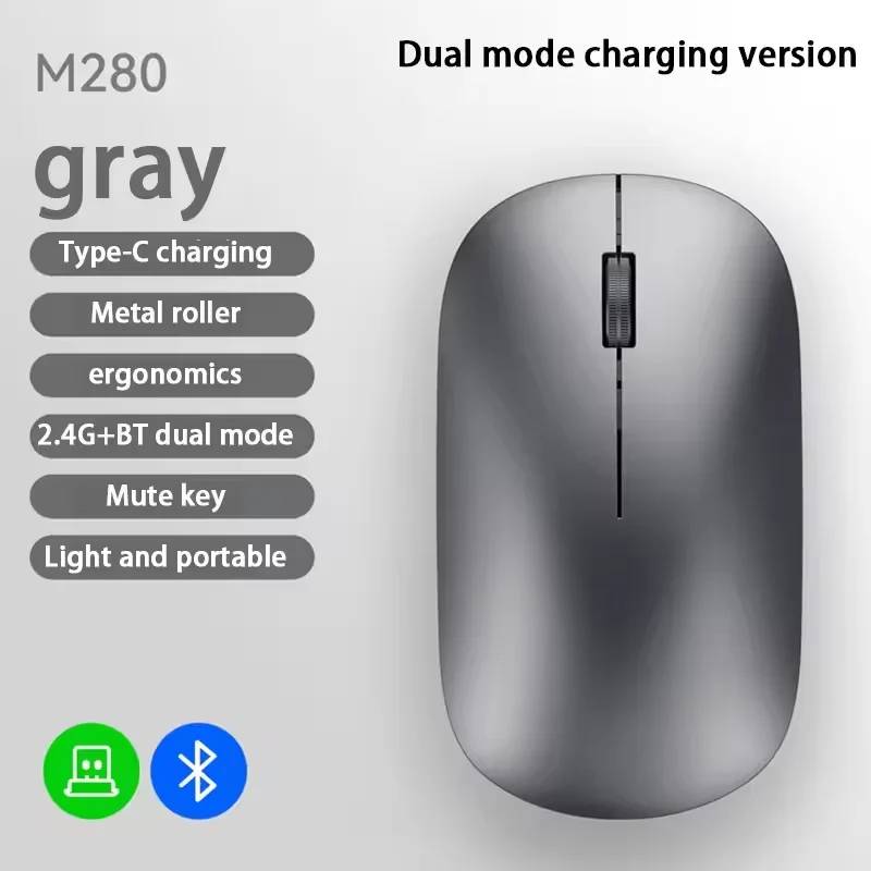 Wireless Gaming Mouse, Double Mode, 2.4GHz, Bluetooth Compatible, Ergonomic, Rechargeable for PC/Laptop/Macbook, Gray