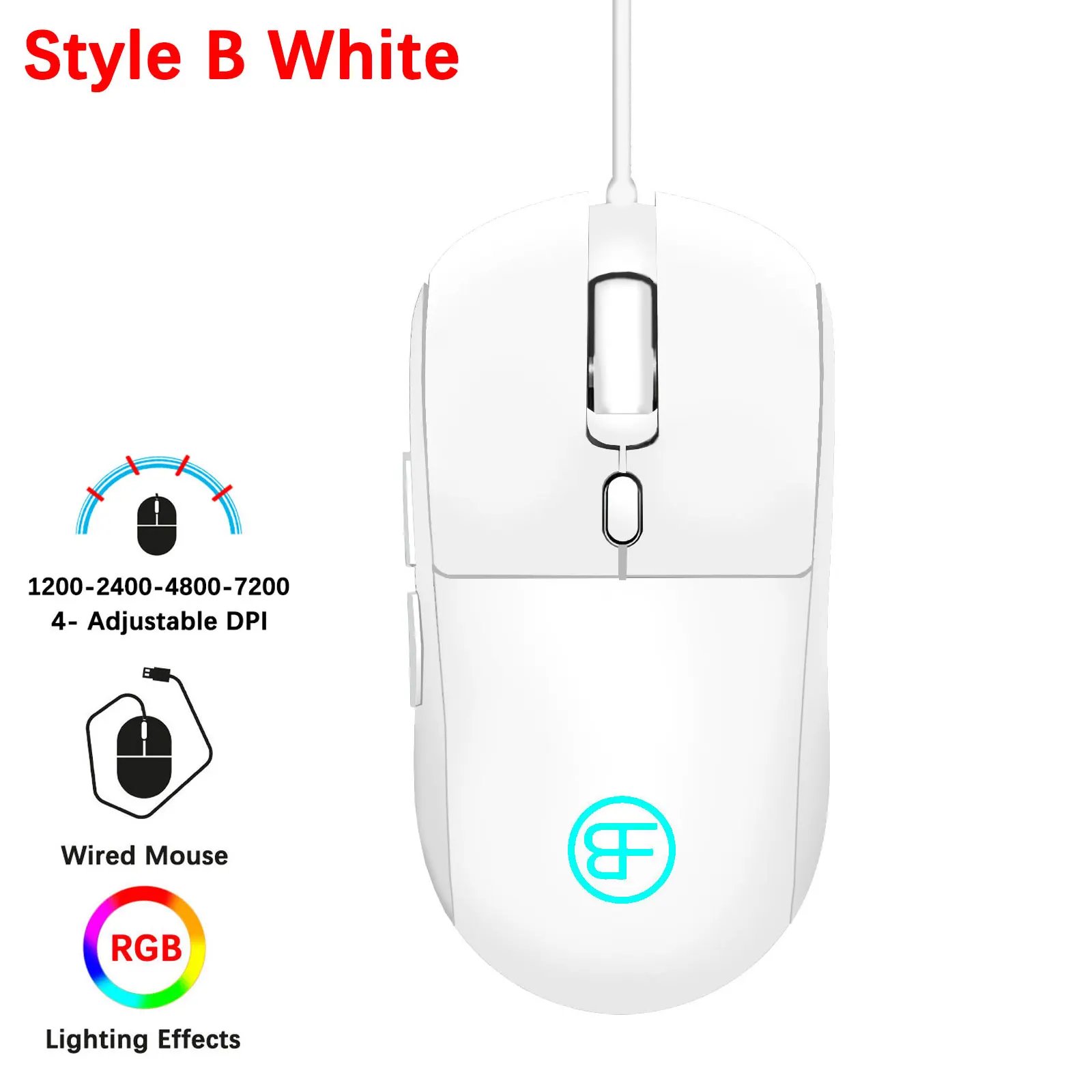 Improved RGB Gaming Mouse, 4 DPI Levels (1200/2400/4800/7200), 6 Buttons, Wired Optical Mouse 300IPS for PC, Laptop, Gamers White
