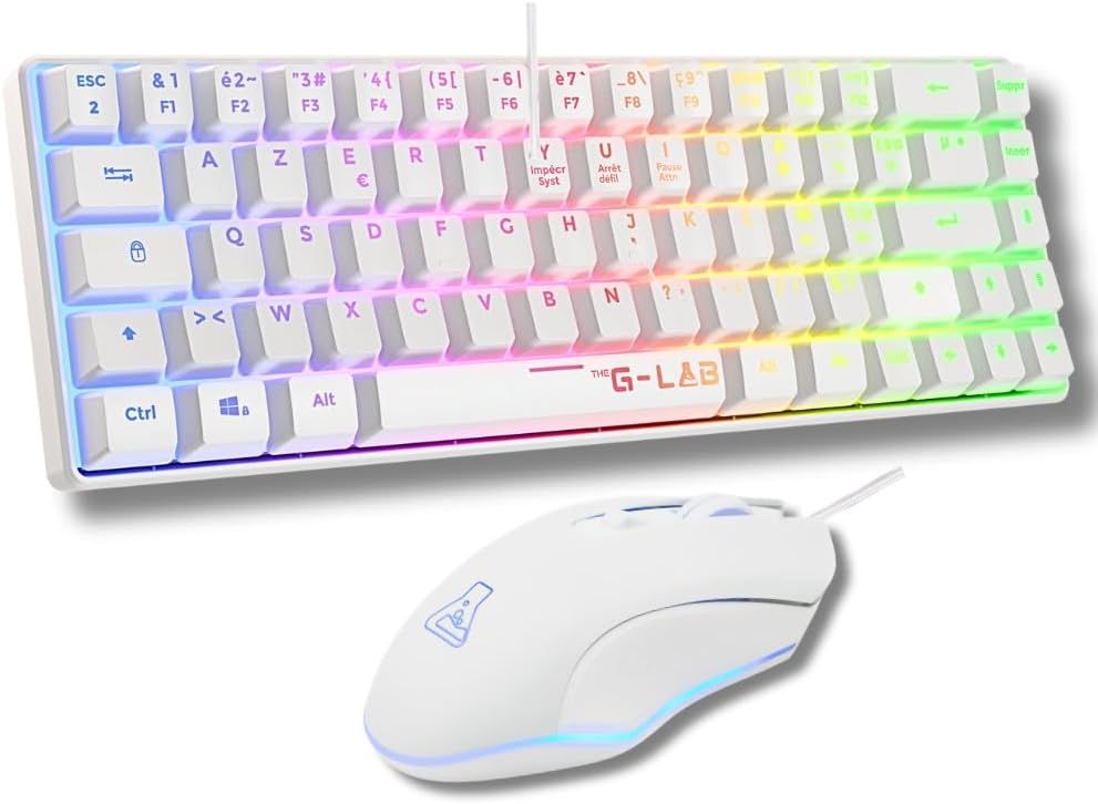 Hydrogen Pack Gaming Keyboard & Mouse, 60% Mechanical Keyboard with RGB Backlighting - AZERTY, Compact Format + RGB Gaming Mouse, 6 Buttons, 6200 DPI for PC/PS4/PS5 - White