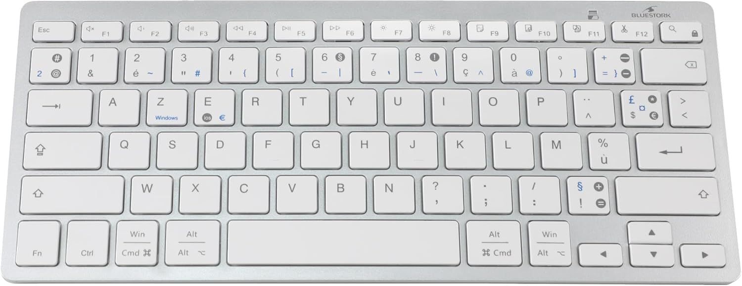 Wireless Bluetooth Keyboard for PC, Compatible with Windows 11/10/8 and Mac OS - Mini AZERTY French Keyboard, Compact, Ultra-Thin, Lightweight, Silent - New 2024 (White)