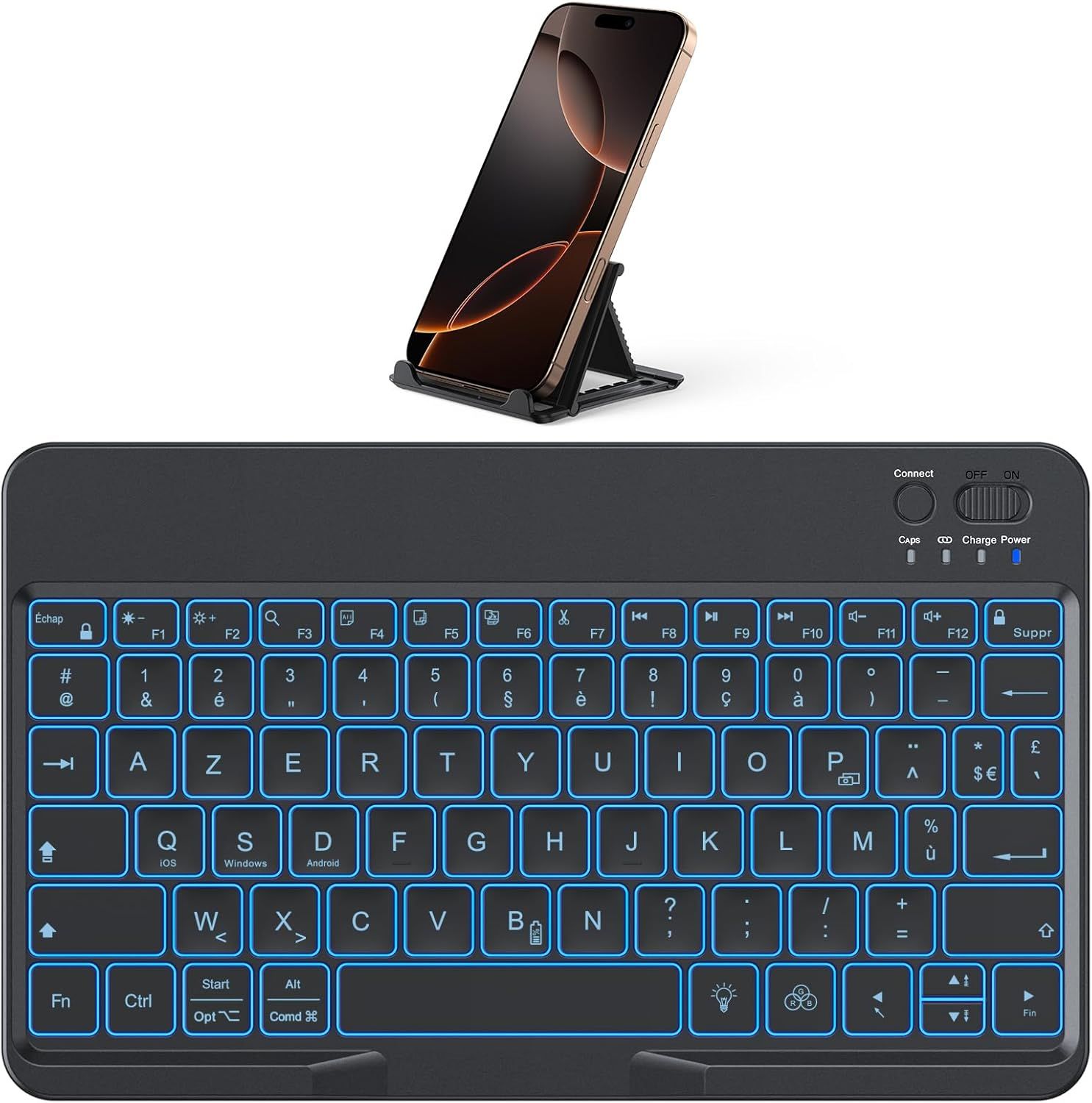 VUDSHGSYD Wireless Bluetooth Keyboard with Stand, Mini Portable Retroilluminated Rechargeable Silent Keyboard with French AZERTY Layout for iOS Android Windows, Black