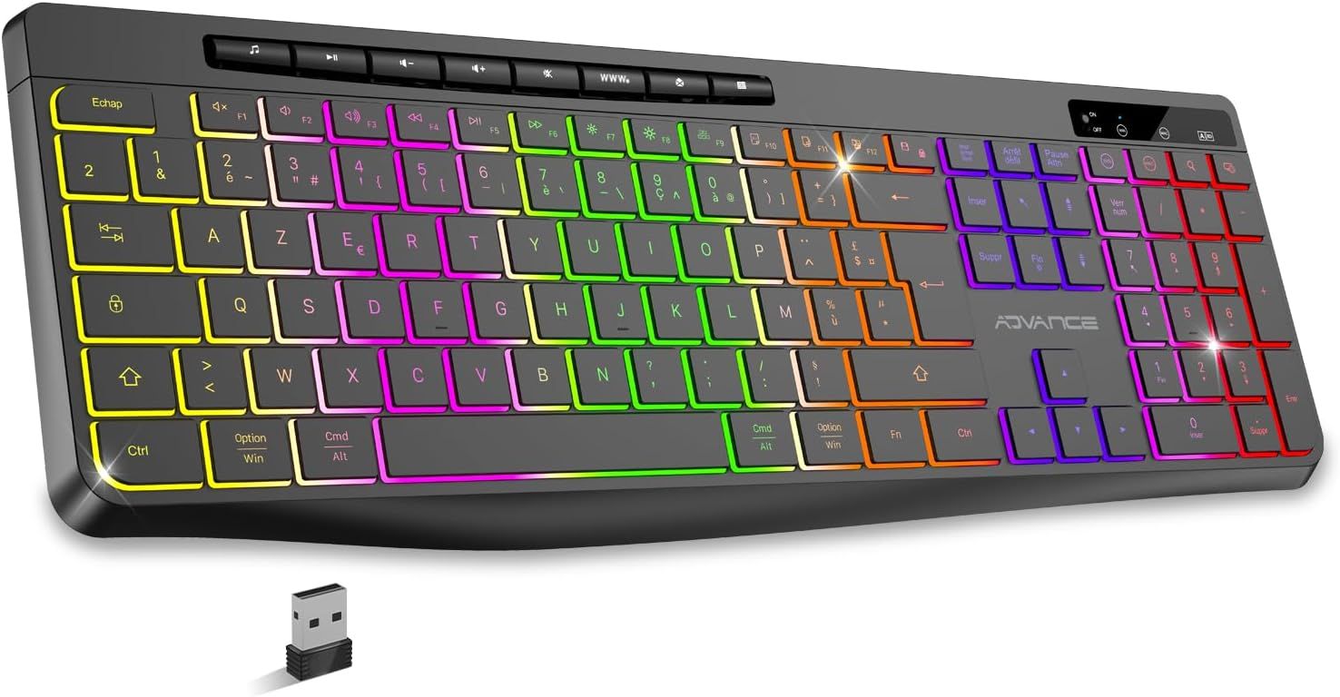 Wireless Silent Keyboard with Ergonomic Keys, Backlit, AZERTY Layout, Long-Lasting Battery, 2.4GHz Connection, Compatible Windows/Mac/PC, Black