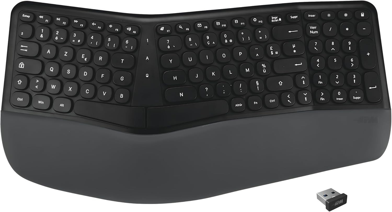 VUDSHGSYD Wireless Ergonomic Keyboard, 2.4GHz Receiver, Integrated Wrist Rest, French AZERTY Layout, Two-Part Design, Compatible with PC Mac Laptop, 100043
