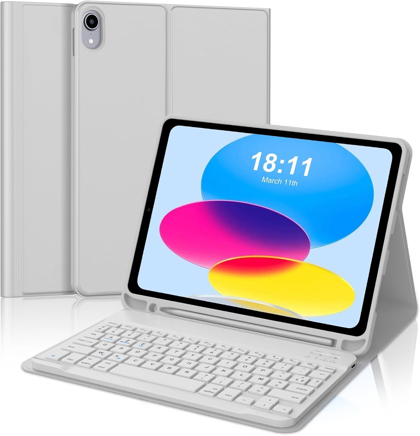 iPad A16 11th Gen Keyboard Case, AZERTY French Bluetooth Detachable Keyboard for iPad A16/10th Gen, Light Gray