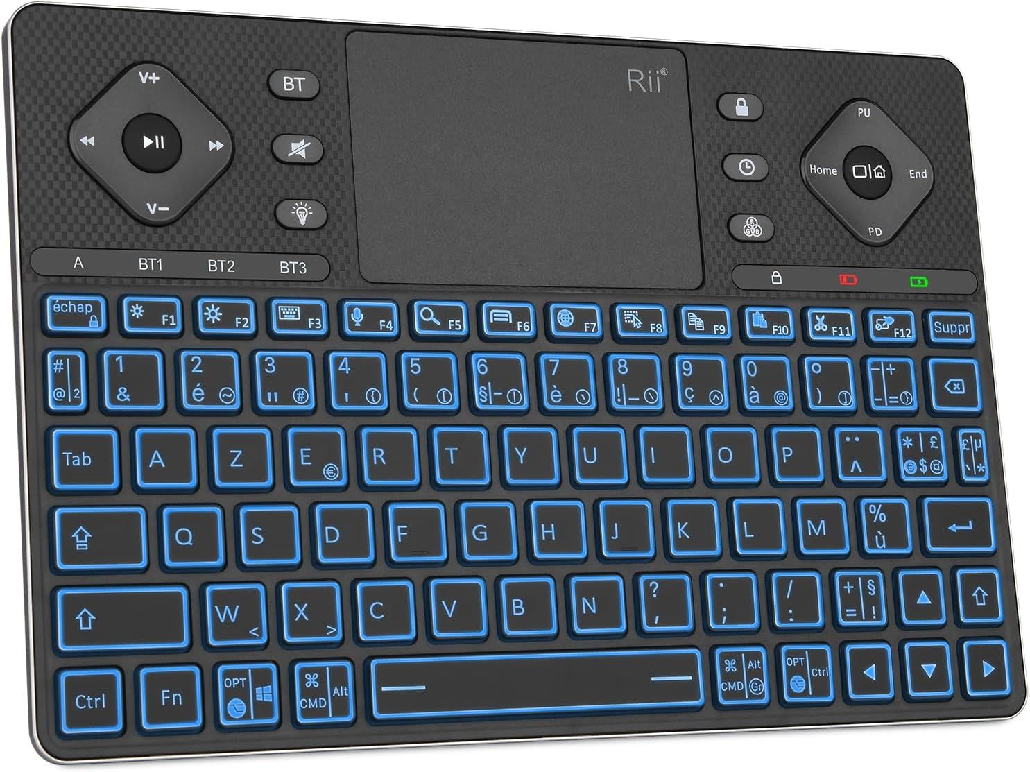 Wireless Bluetooth 3-Channel Keyboard, Mini French AZERTY Retroilluminated Silent Rechargeable Keyboard for iOS Android TV Windows, Black