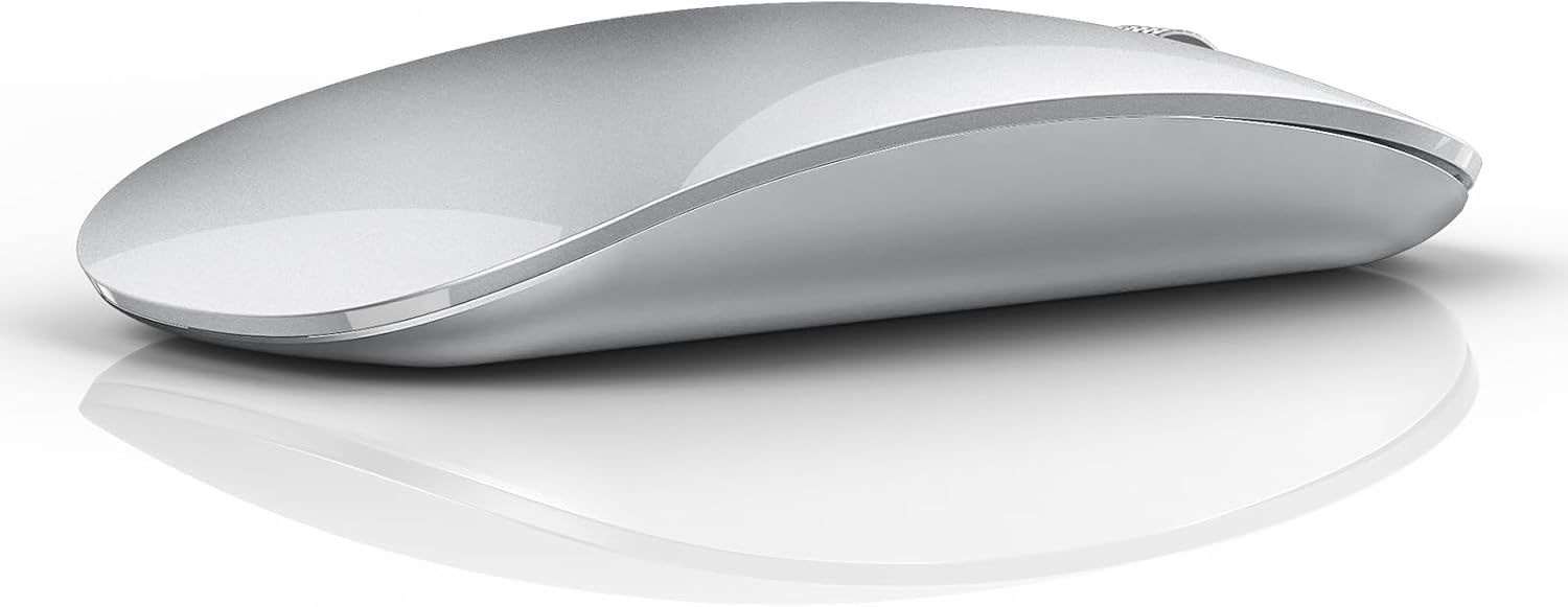 VUDSHGSYD Rechargeable Bluetooth Mouse, Three Modes (Bluetooth 5.1/5.1+ 2.4G Wireless), Silent and Ultra-Thin Portable Bluetooth Mouse for Laptop, Computer, iPad, PC, Silver
