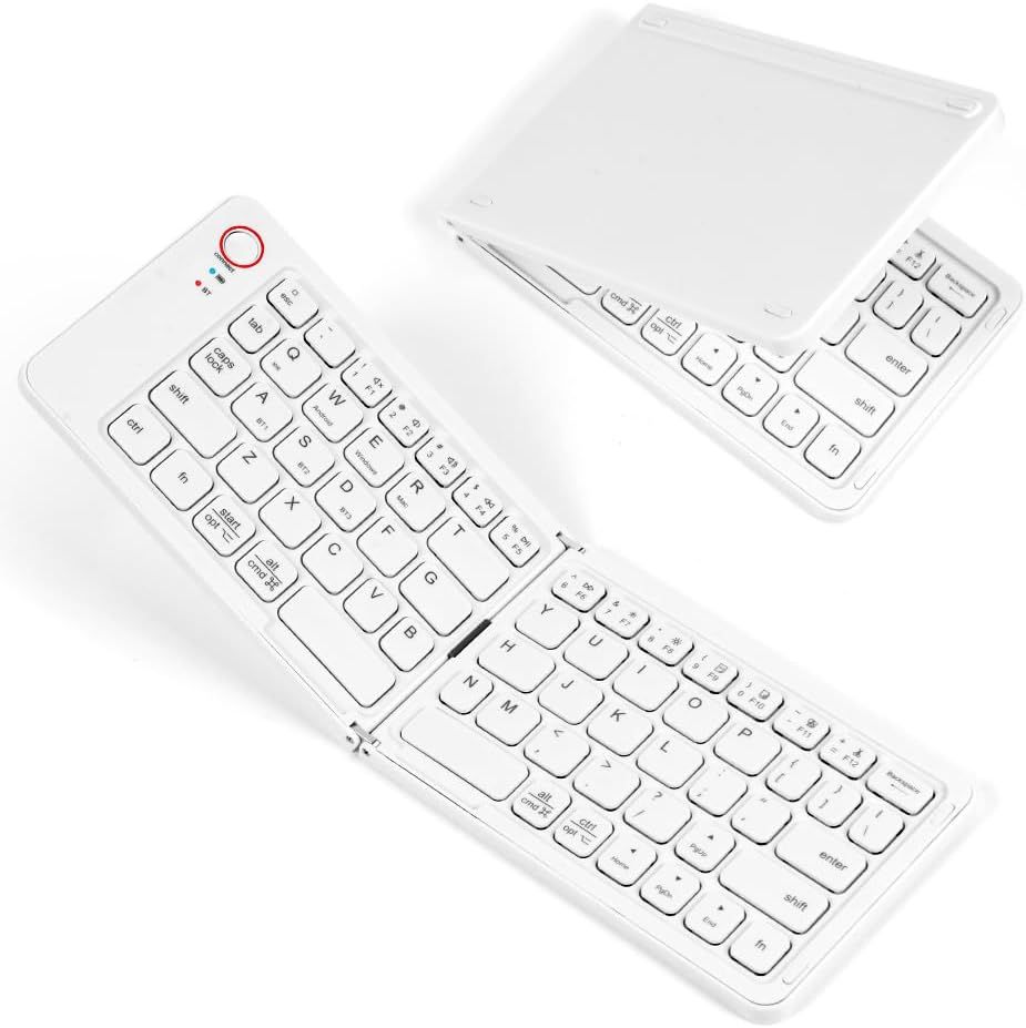 VUDSHGSYD Foldable Bluetooth Keyboard, Mini Portable Wireless Keyboard with Digital Keypad, Rechargeable, iPad Wireless Keyboard for Windows iOS Android Tablet White