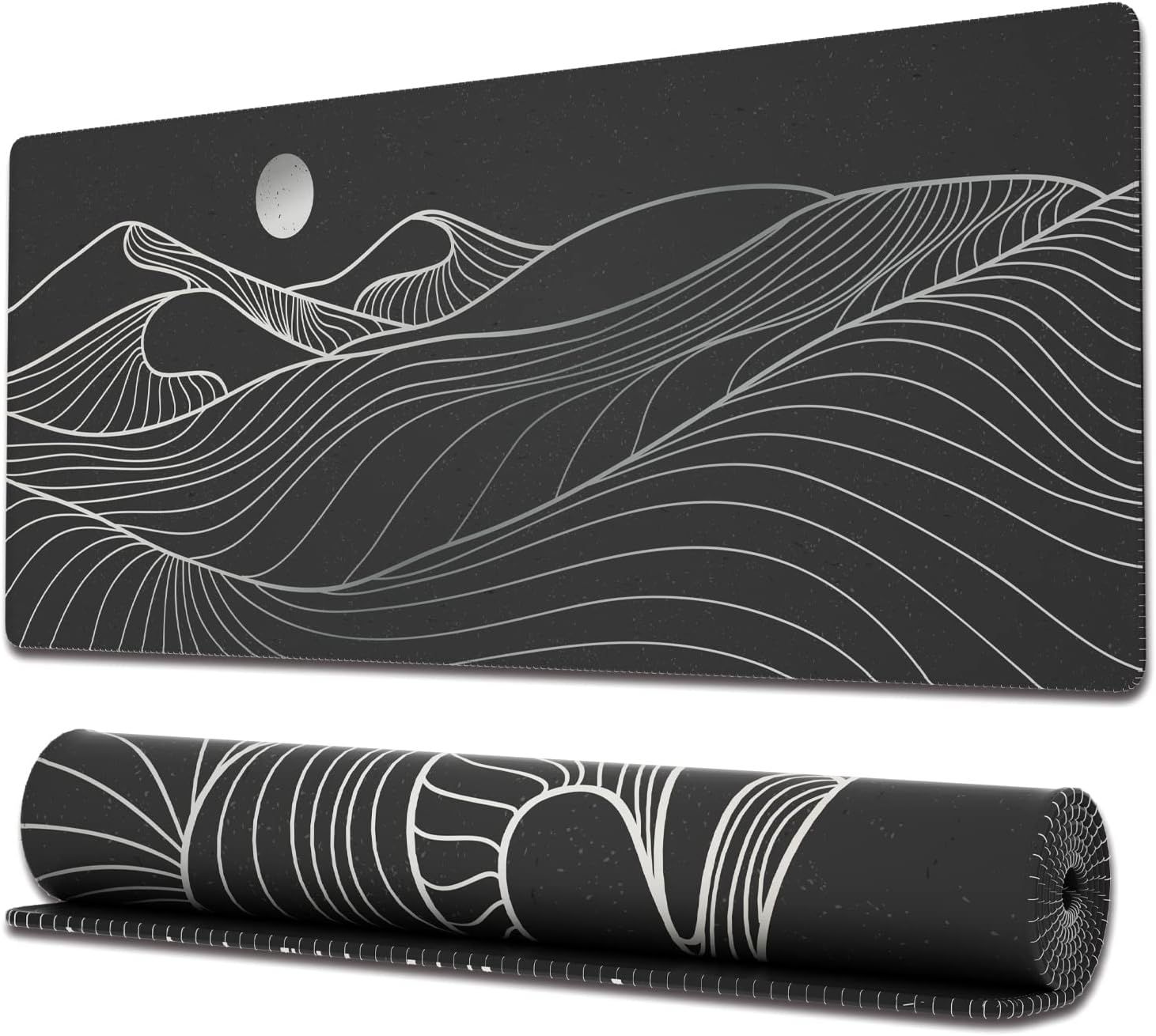 Ovenbird Large Gaming Mouse Pad with Piped Edges and Non-Slip Back, Under-Wrist Rest for Keyboard and Mouse, 80 x 30 cm, Minimalist Mountain Print, Black and White