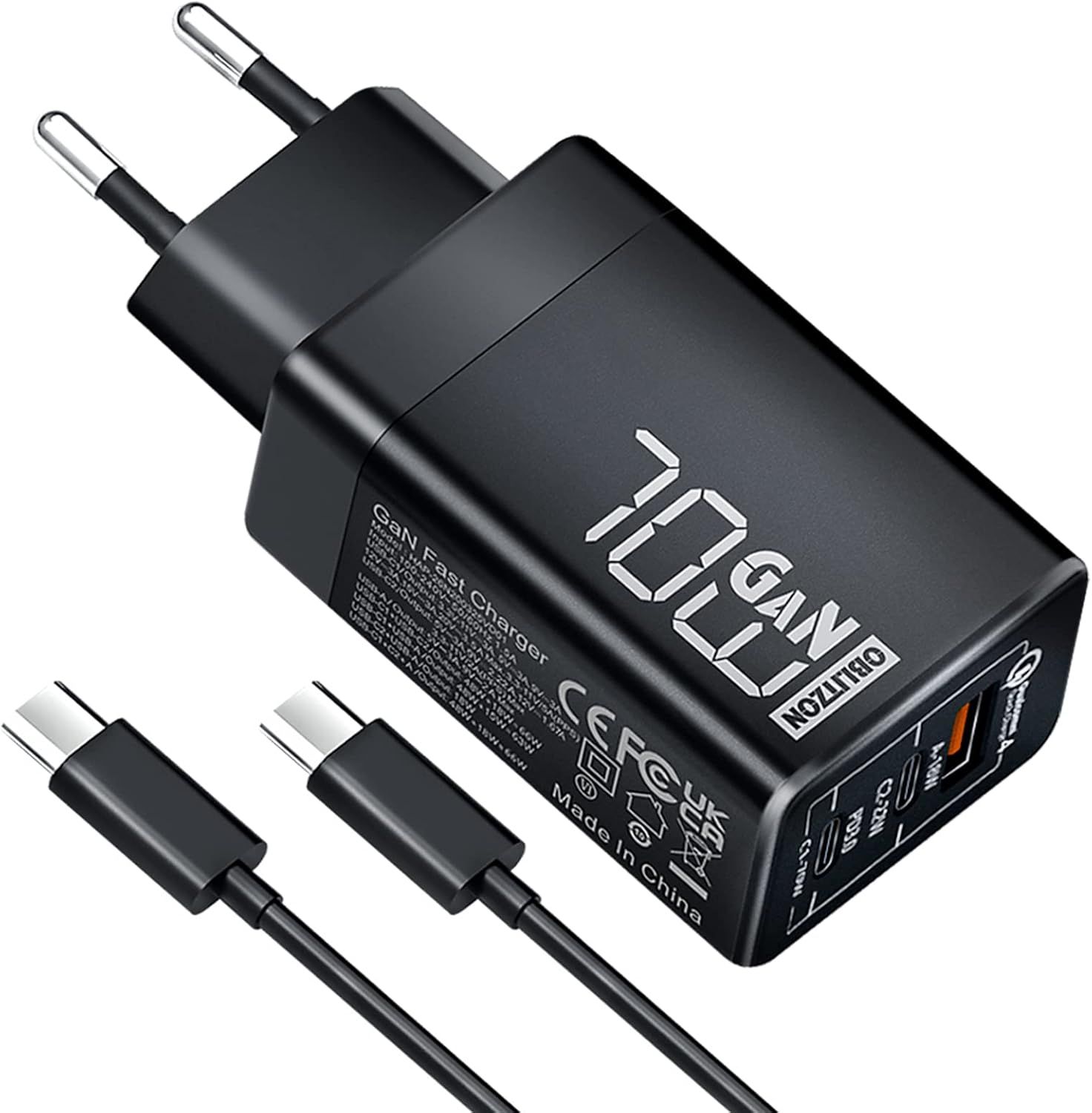 70W USB-C Quick Charge Adapter, 3 Ports PD 3.0 GaN Charger with 100W Cable for Macbook Pro/Air, Dell Xps 15, iPhone 16/15/14, iPad Pro, Google Pixel, Samsung Galaxy S24/S23, Steam Deck