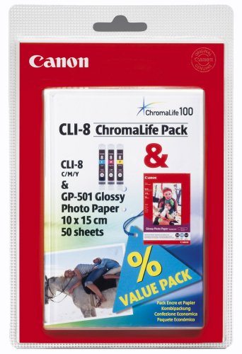 Canon Original Ink Cartridge Kit CLI-8 (Cyan, Magenta, Yellow) and GP-501 Paper
