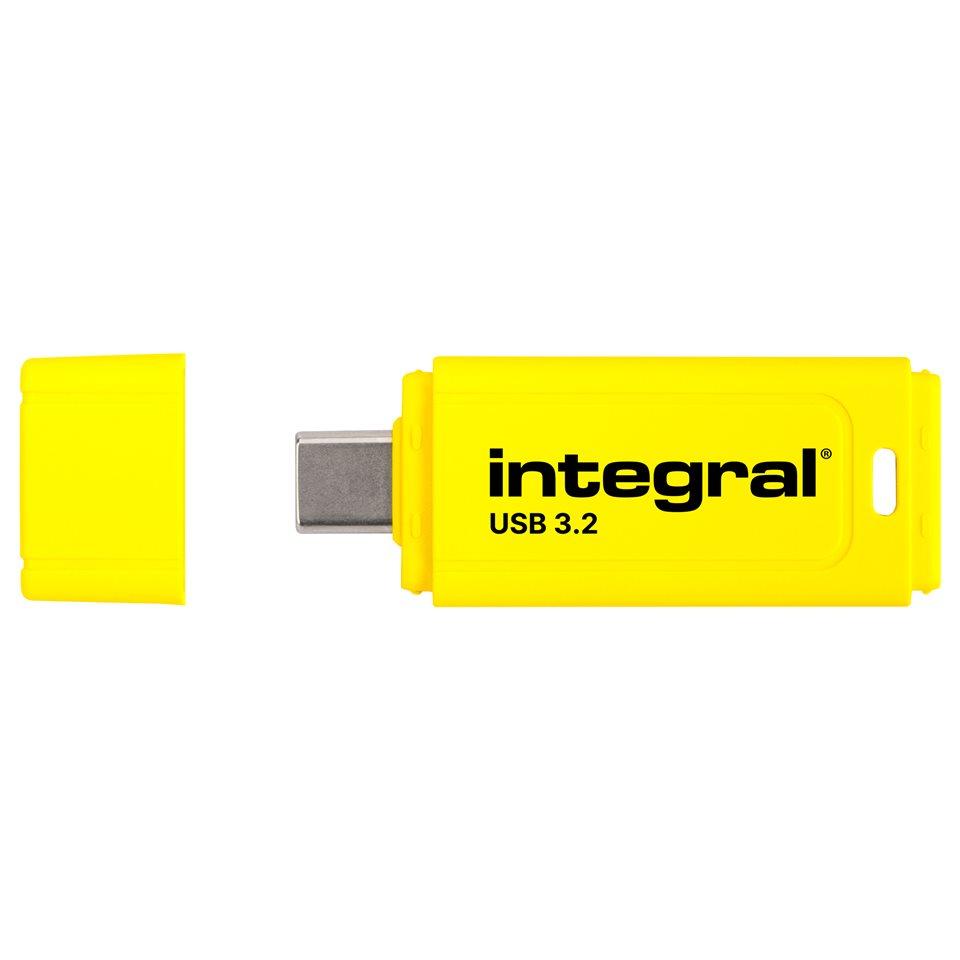 Integral Neon-C USB Drive - 128GB - USB-C 3.2 Gen 1 - Yellow