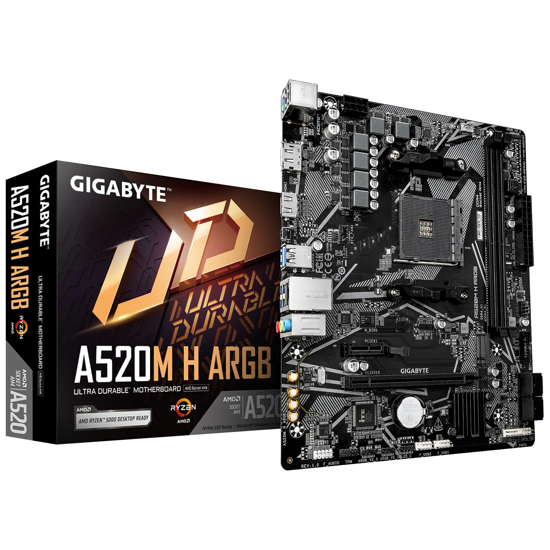 Tarjeta madre Gigabyte A520M H ARGB - Compatible con procesadores AMD Ryzen Serie 5000, hasta 5100 MHz DDR4 (OC), M.2 PCIe 3.0 x4, LAN 1 GbE, USB 3.2 Gen 1