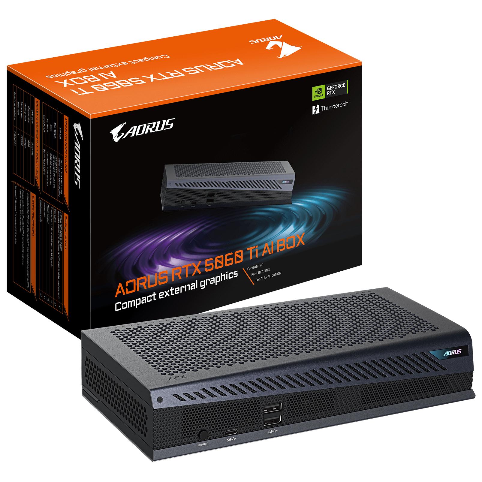 Gigabyte Aorus RTX 5060 Ti AI Box GPU - 16GB GDDR7, 128-bit, PCI-E 5.0, 2572MHz Core Clock, 3x DP 2.1, 1x HDMI 2.1