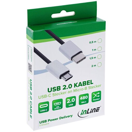 Cable USB InLine 2.0, 0,5 m, USB C a Micro-USB B, Negro