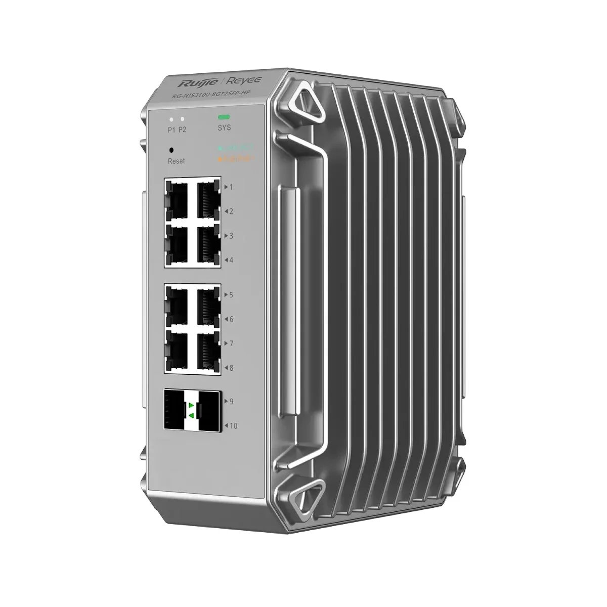 Conmutador industrial Ruijie RG-NIS3100-8GT2SFP-HP - 8 puertos Gigabit PoE+, 2 puertos SFP Gigabit, capa de nube nivel 2