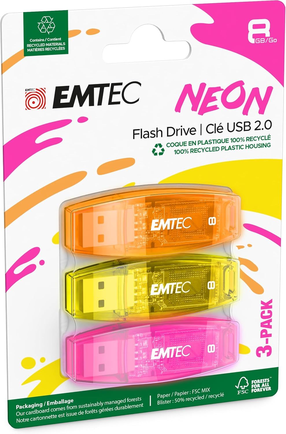VBSUDGYDFG 2.0 USB Flash Drive, 8GB Memory Stick, 5MB/s Write Speed, 15MB/s Read Speed, Compatible with USB 2.0 & 3.0, Neon Fluo Colors with Cap, Pack of 3