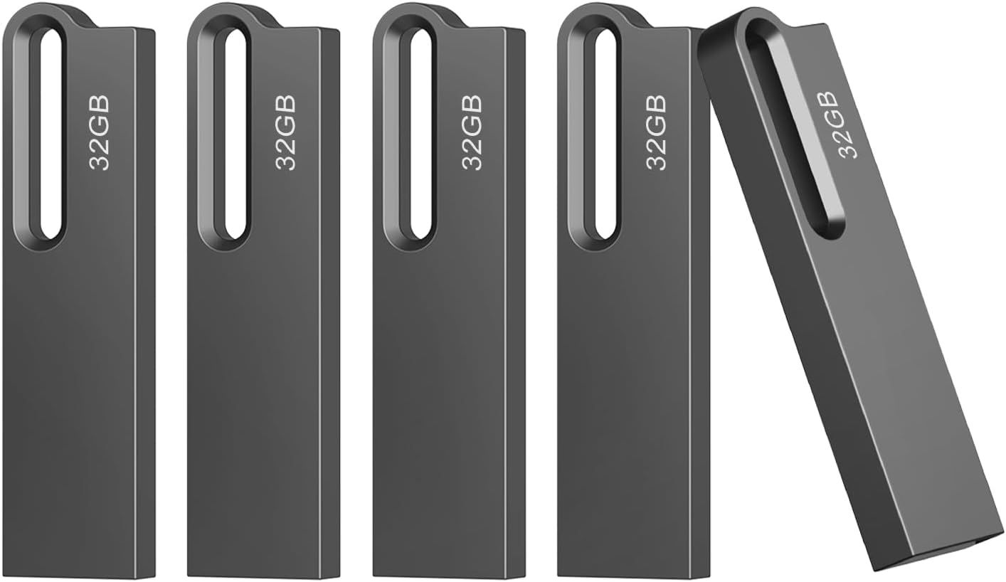 VBSUDGYDFG 32GB USB 3.0 Flash Drive Set of 5 - Waterproof Metal Keychain Drive for PC, Laptop and More (5x32GB, Black)