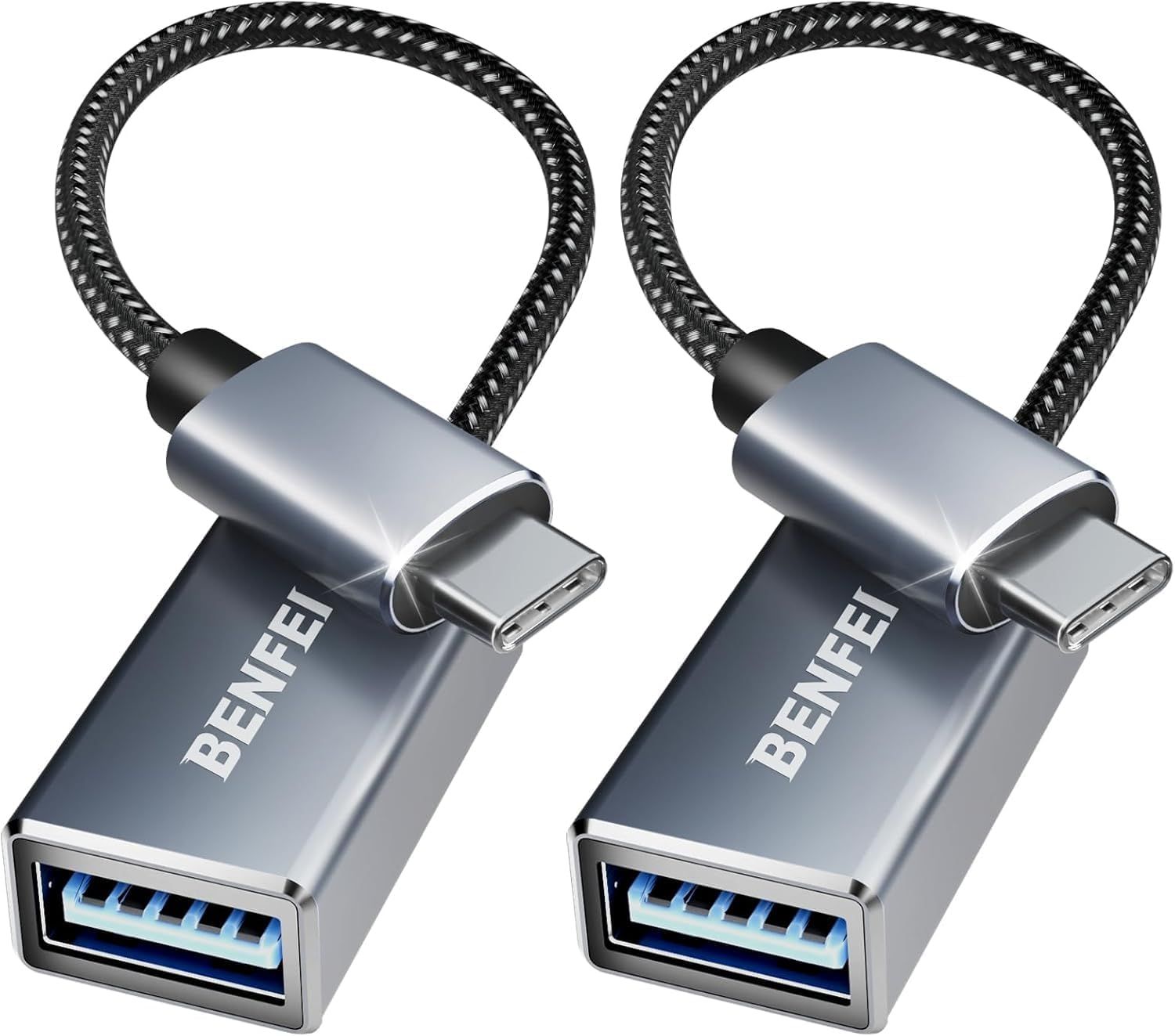 USB-C to USB 3.0 Adapter Pack of 2, Type-C to USB [Aluminum Case and Nylon Cable], Compatible with iPhone 16/15, MacBook 2019/2018/2017, Samsung Galaxy S8/S8+/S9, Gray