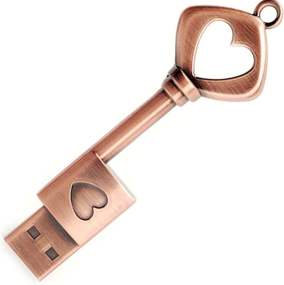 64GB USB 3.0 Flash Drive, Retro Metal Key Shape with Heart Love Pattern