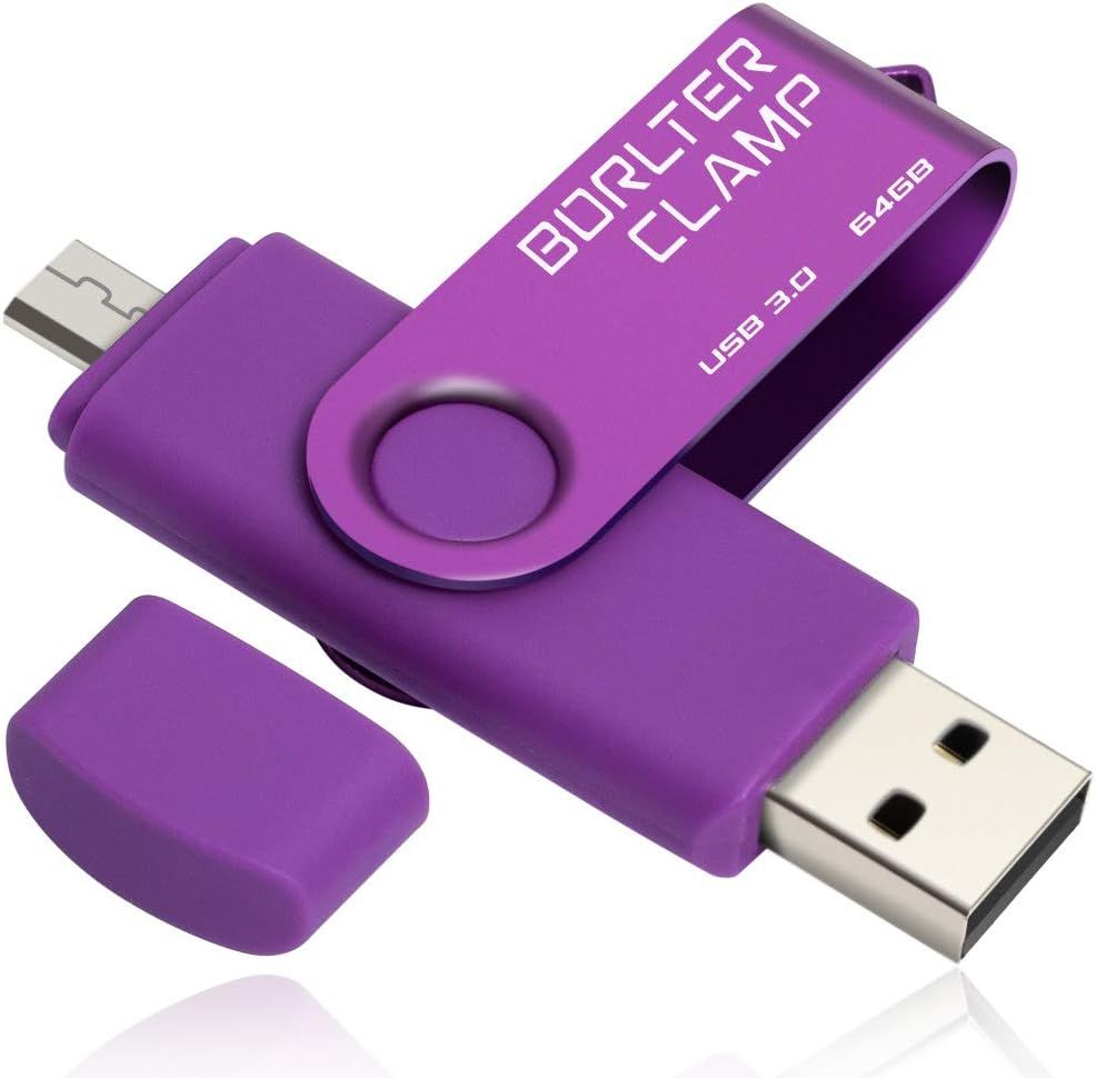 VBSUDGYDFG 64GB USB Flash Drive, 2-in-1 OTG USB 3.0 Memory Stick with Swivel Design, Micro USB Port for Android Smartphone, Tablet and Computer (Purple)