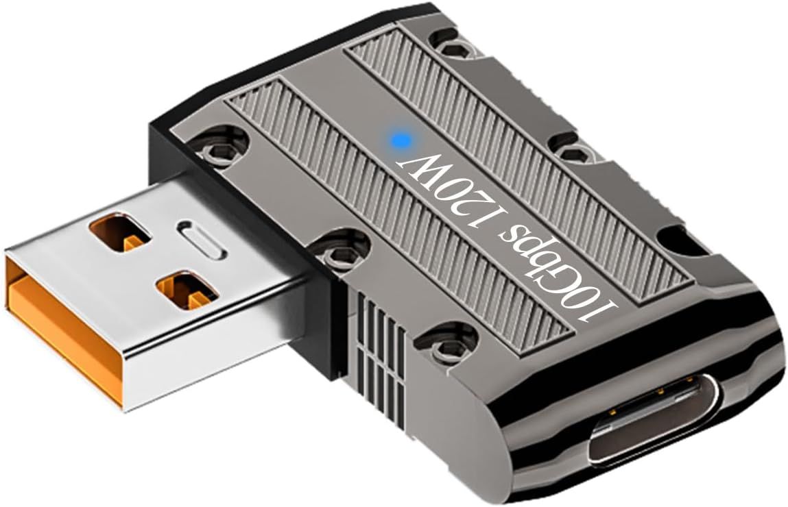 USB 3.1 to USB C 90-Degree Bent Adapter with LED Light, 120W, 10 Gbps