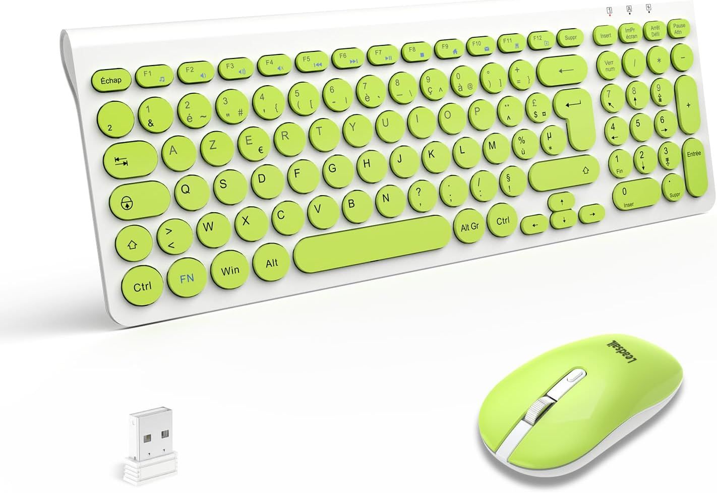 Wireless Keyboard and Mouse Set, Ergonomic AZERTY Keyboard, 2.4GHz with USB Receiver, 12 Multimedia Shortcuts for Computer, PC, Laptop - Green