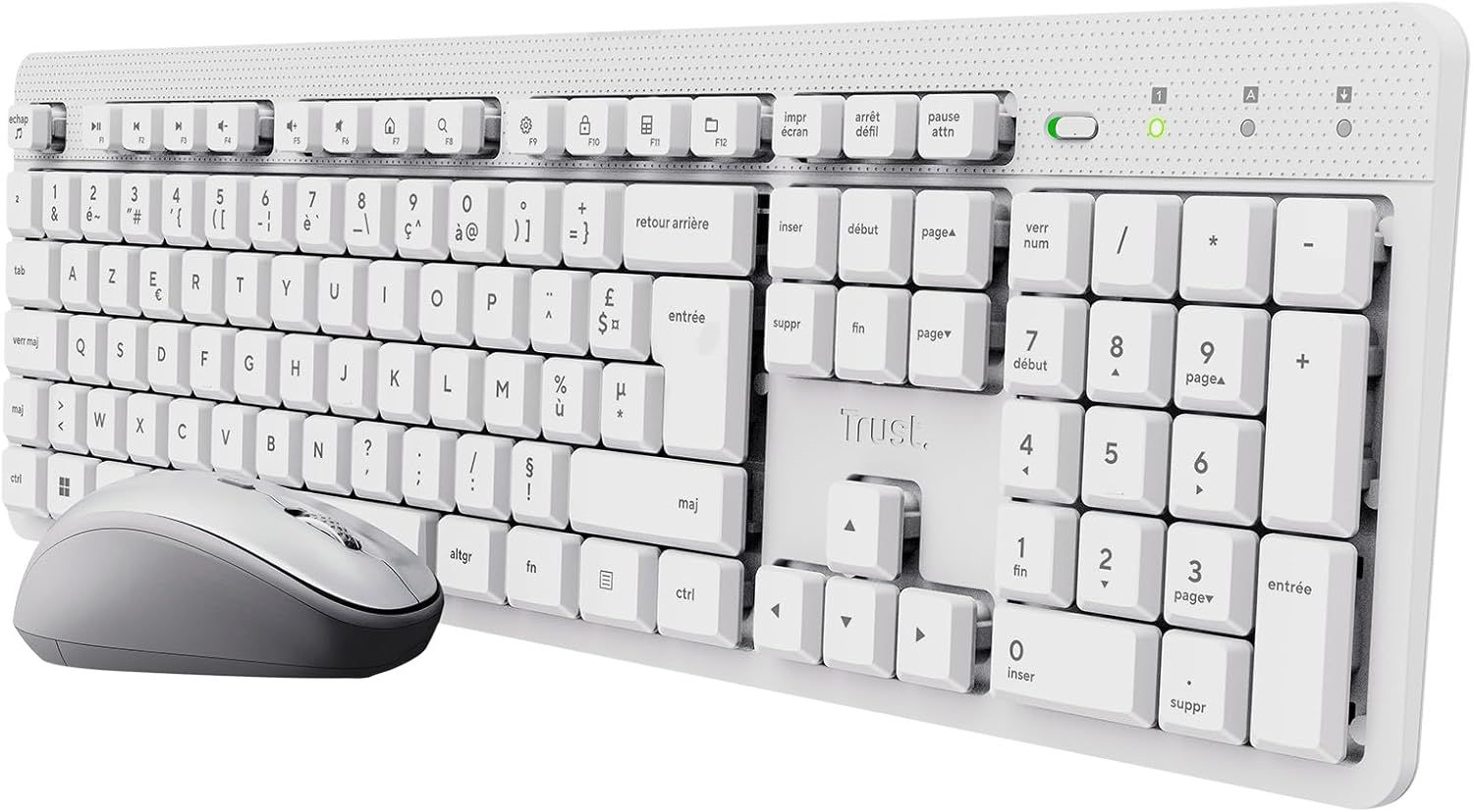 Ody II Wireless French AZERTY Keyboard and Mouse Set, Silent Keys, Splash-Proof, USB Receiver, Adjustable Angle, White