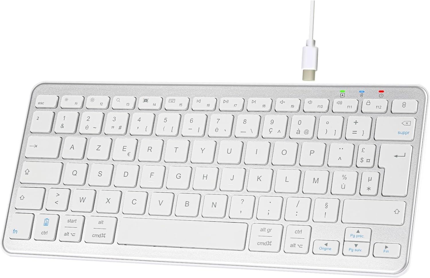 Bluetooth Wireless Keyboard, Mini French AZERTY Keyboard, Silent Lightweight, Rechargeable USB C, 12 Media Shortcuts, for Mac, iPad, iPhone, Android, Windows - Silver