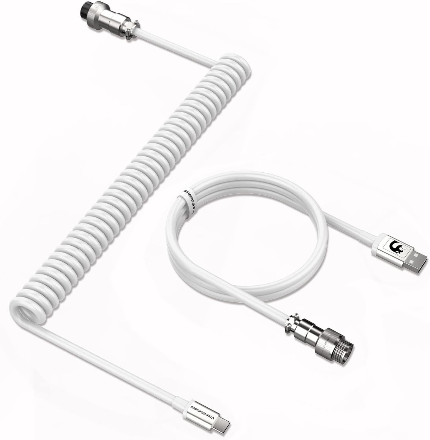VUDSHGSYD Coiled Keyboard Cable, Customized USB C to USB A Cable for Mechanical Keyboard, Gaming Keyboard Cable, Type-C to USB-A, Metal Aviation Connector - White