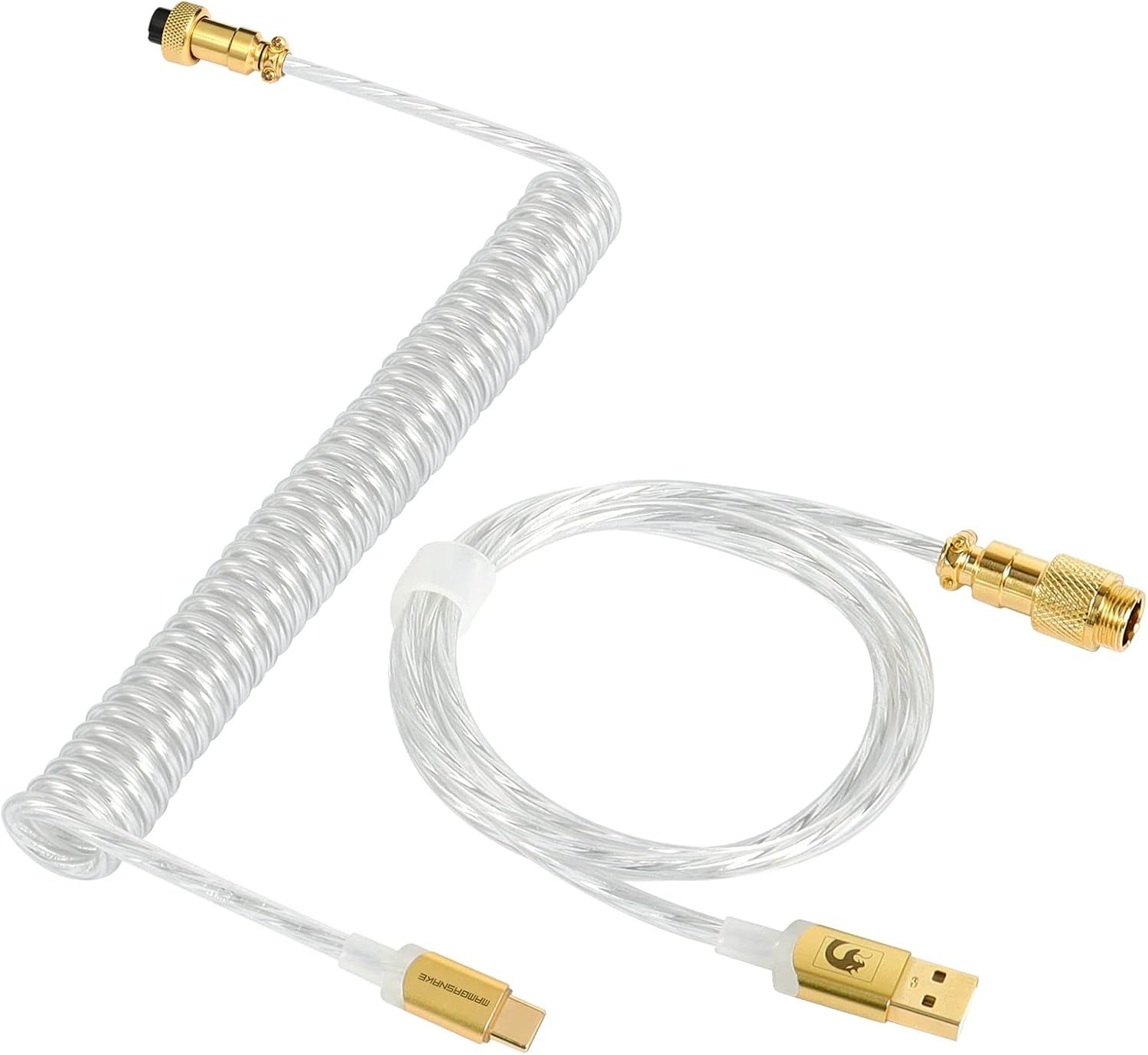 VUDSHGSYD Spiral Keyboard Cable, Customized USB C Cable for Mechanical Keyboard, Gaming Keyboard Cable, Type-C to USB-A, Clear Gold Aviation Connector TPU Coiled USB C Cable