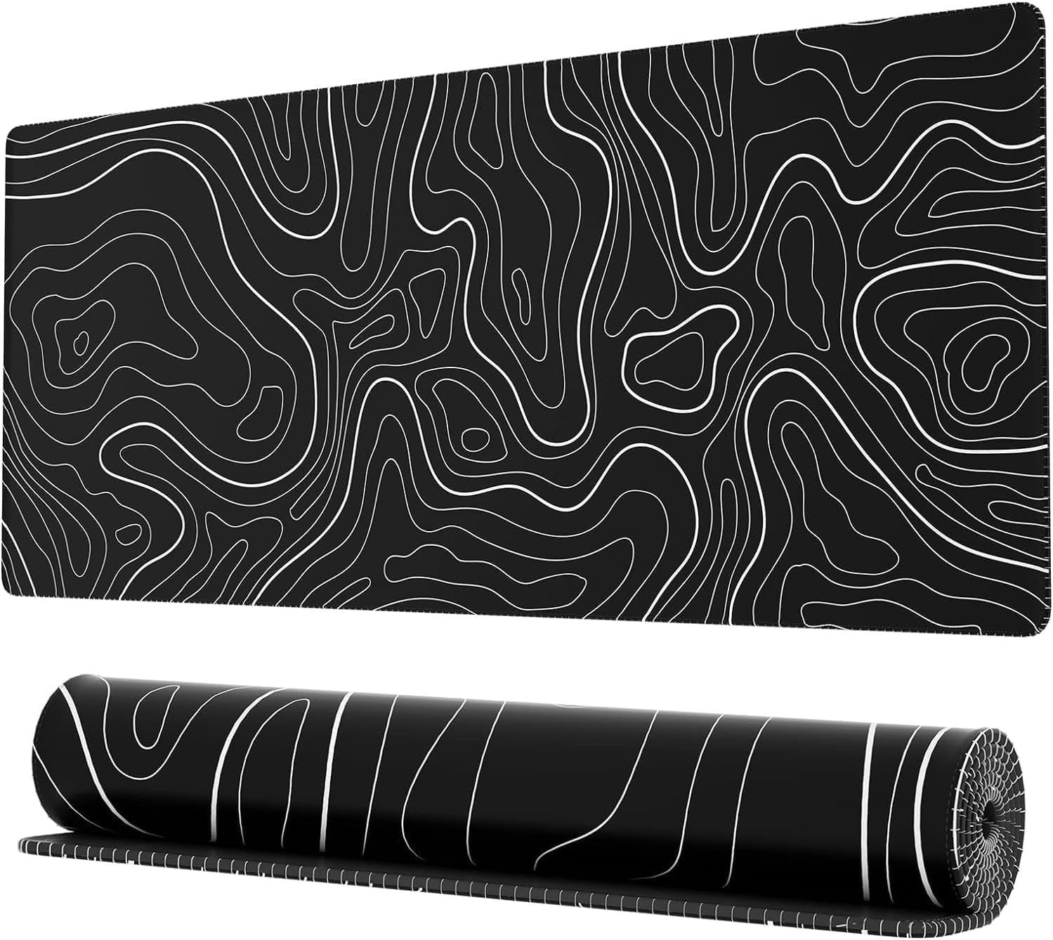 Minimalist Gaming Mouse Pad, Topographic Print, Black