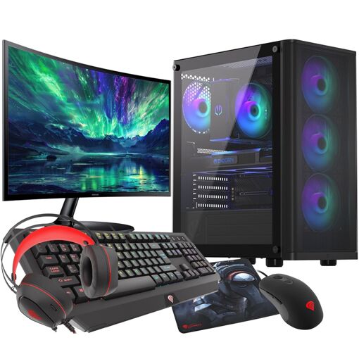 PC de juego VIST - Ryzen 7 5700X, 32GB de RAM, RX 9060 XT, SSD de 1TB, Monitor curvo de 27'