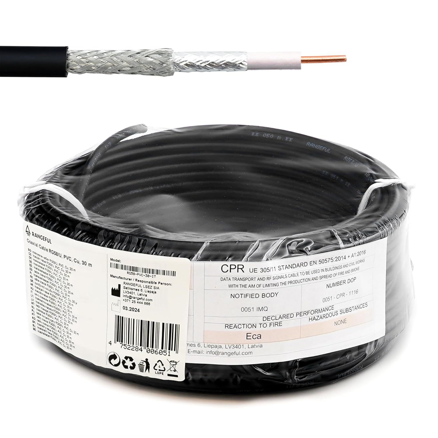 VBDSFGSDYFG RG58 30m Coaxial Cable - WiFi Antenna Extension RF 50 Ohm Low Loss RG58U SMA TNC FME PL259 Type N Compatible with UHF WiFi 4G 5G CB Radio VHF Made in Italy