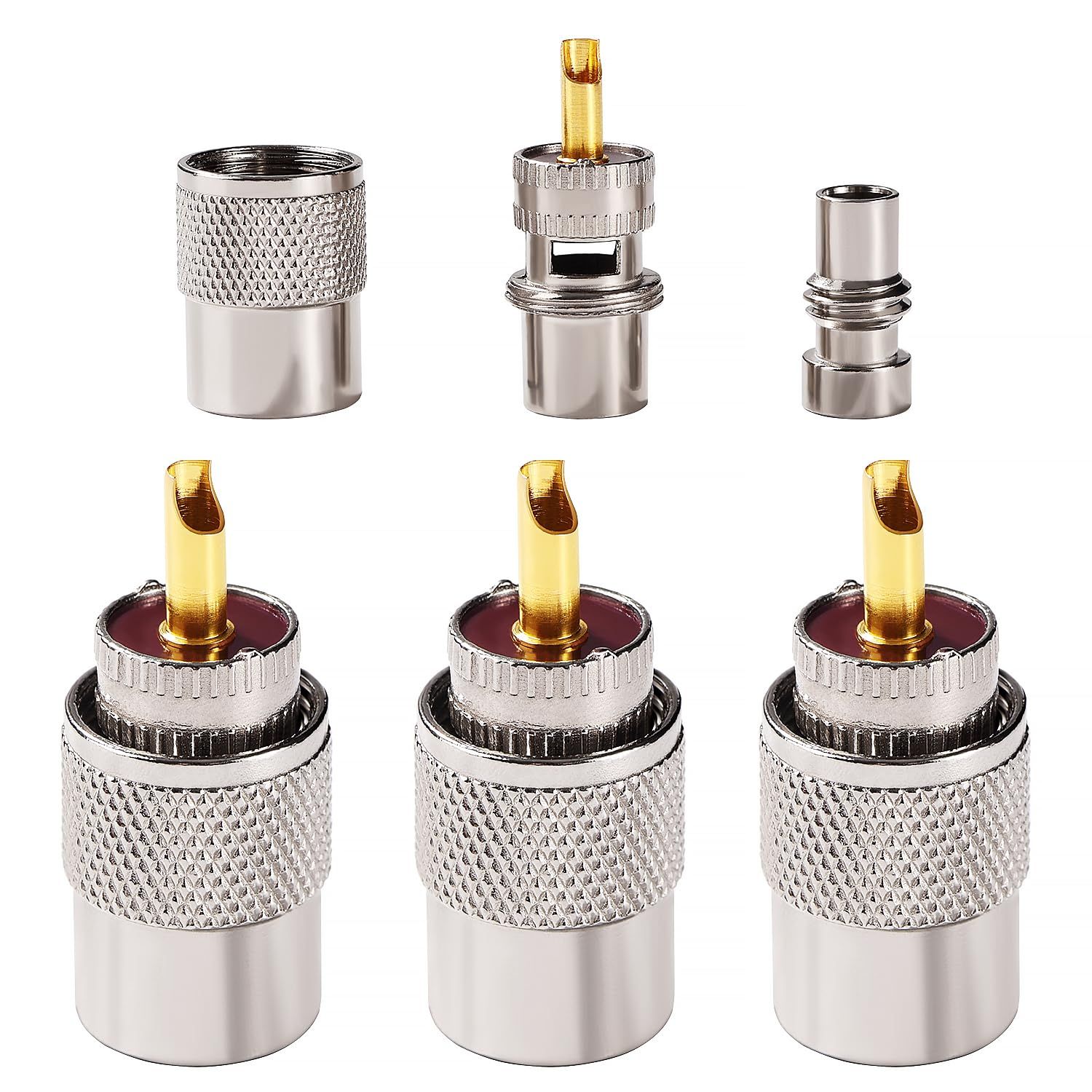 3-Piece UHF/PL-259 Solder Male Connector with Reducer, 50ohm RF Adapter for RG-8x, RG-213, RG-214 Cables, 9913 RF Compatible with CB Radio Antennas