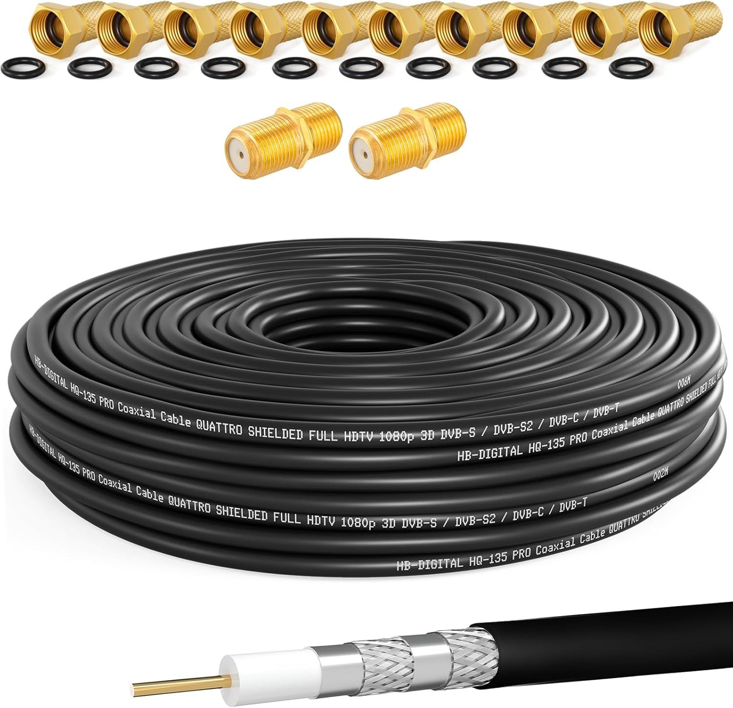 HQ135 PRO 30m Coaxial Cable with 2 F Connectors + 10 Gold-Plated F Taps