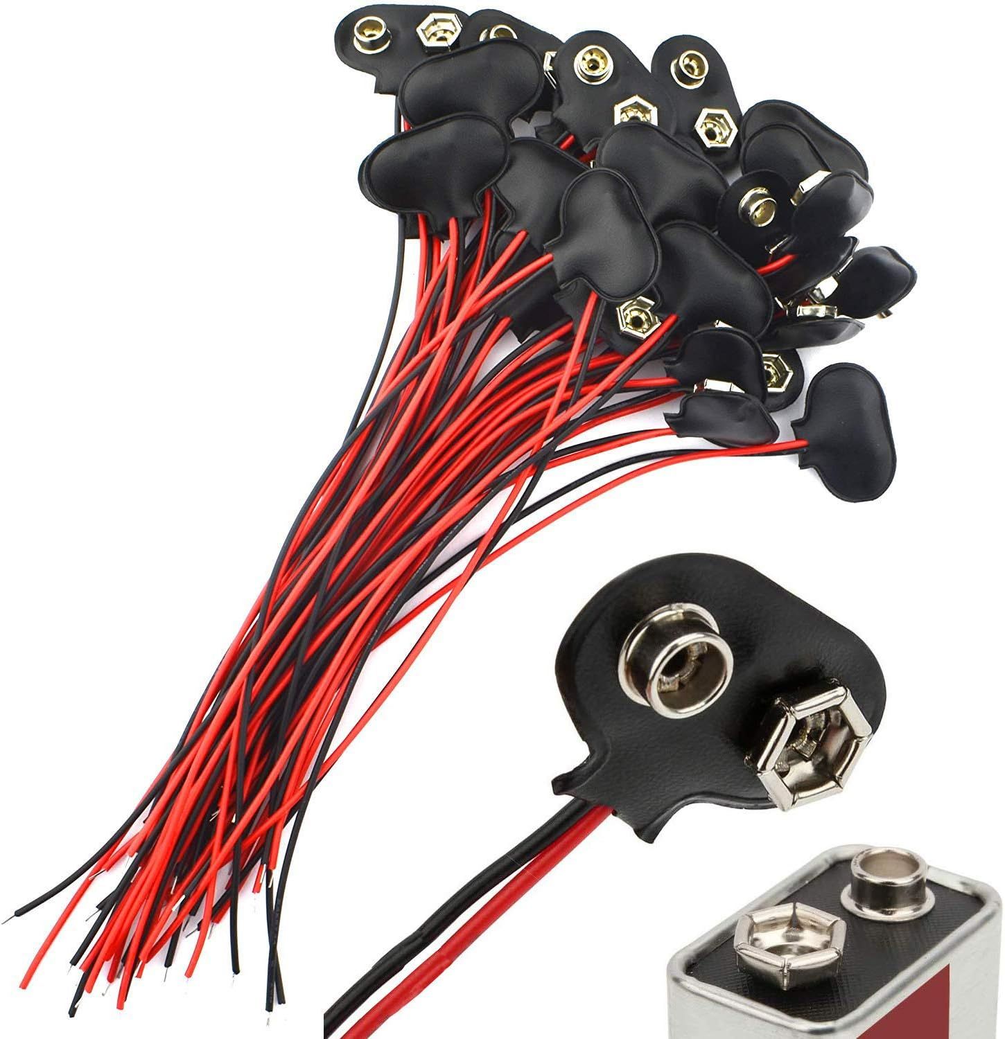 VSGDFHDFH 30-Piece 9V Battery Connectors with Leather Case, AVCE Wires, 15cm for LED Light Strips, Toy Lighting, Remote Controls, and Small Electronics